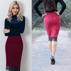 Ladies knee Length Lace & Faux Suede Skirt